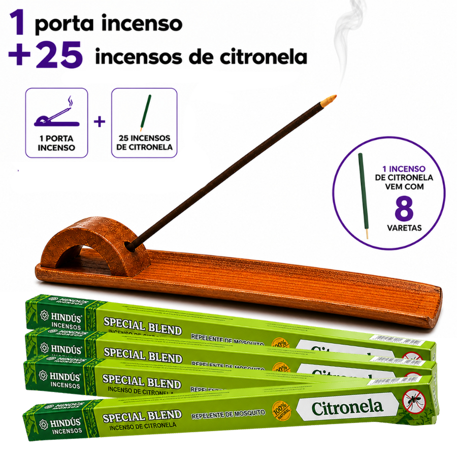 Incenso Natural Citronela Special Blend 25 Caixas Com 200 Varetas e 1 Porta Incenso Régua de Madeira