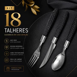 Jogo Talheres 18 Peças Garfo Colher Faca Cabo Preto Aço Inox