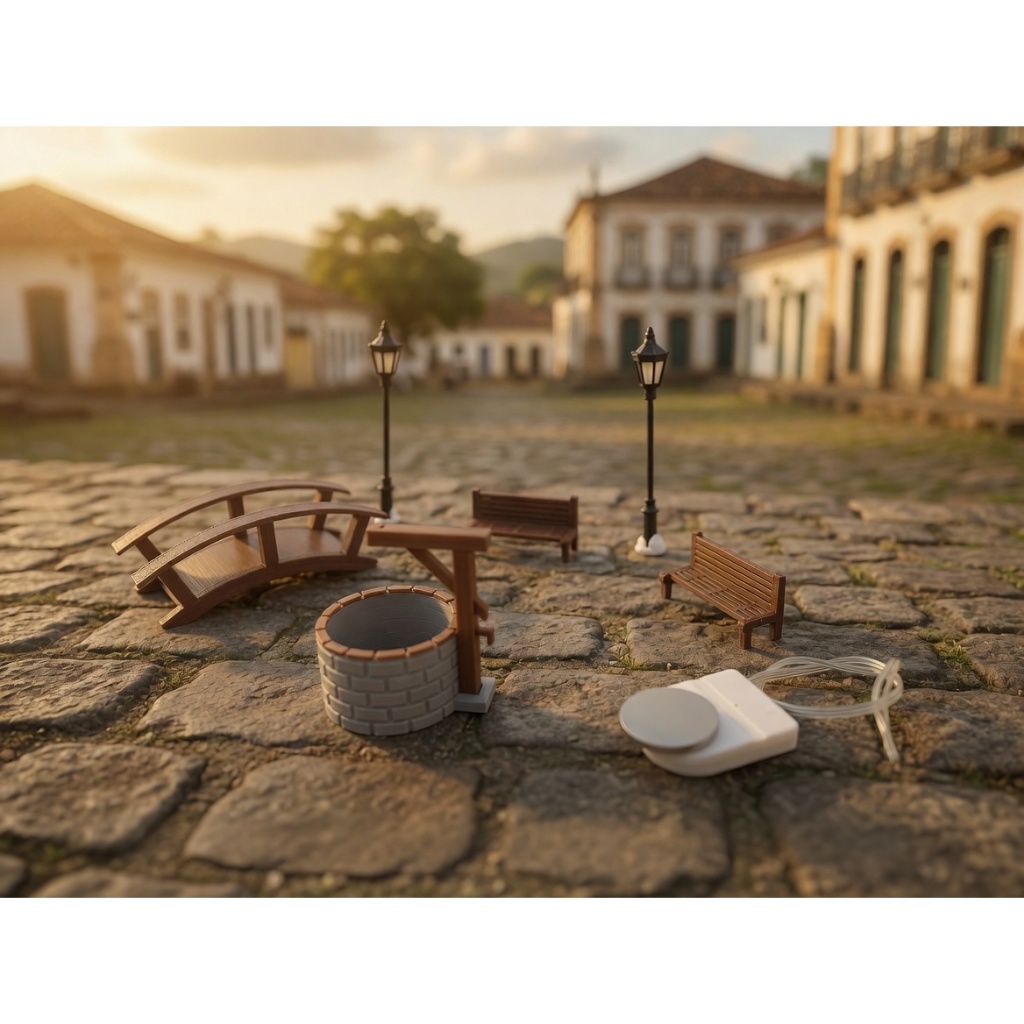 Kit Miniaturas Banco Poste Ponte Poço - Maquetes E Terrário