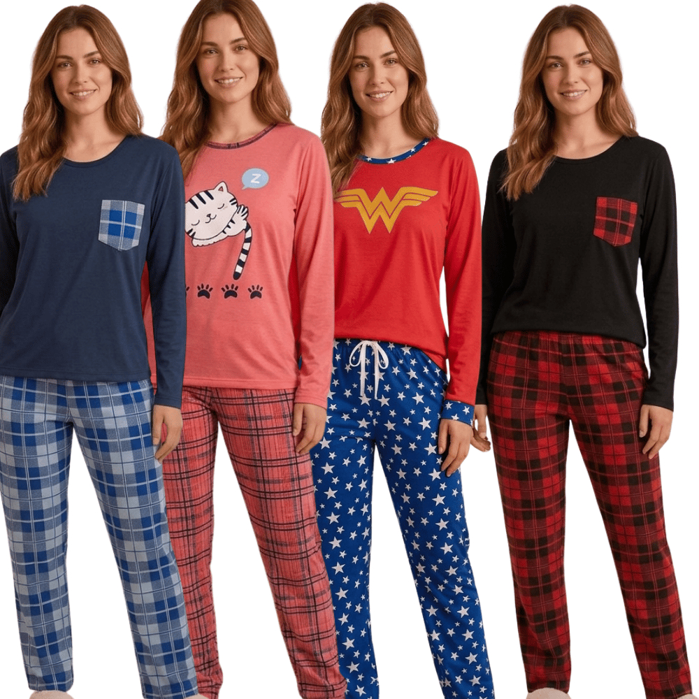 Pijama Feminino Longo Malha PV Confortável Macio Leve P ao 54 Promoção Inverno Roupa de Dormir Barato