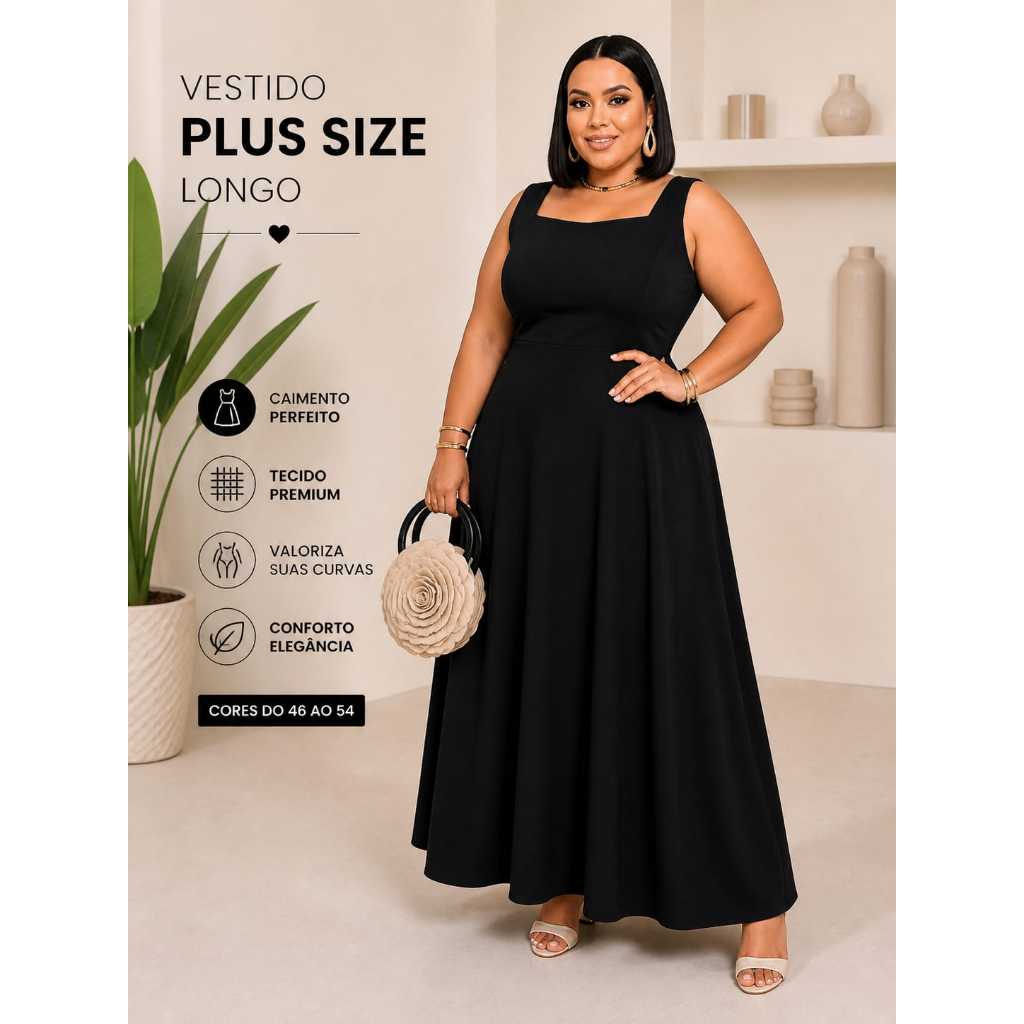 Vestido Plus Size Longo Feminino Liso com Lastex nas Costas Elegante Confortavel G GG G1