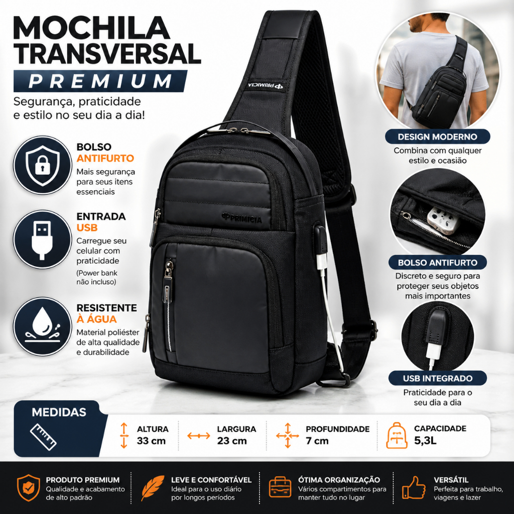 Imagem Mochila Transversal Masculina Antifurto USB Premium Compacta Poliéster Resistente Executiva Moderna