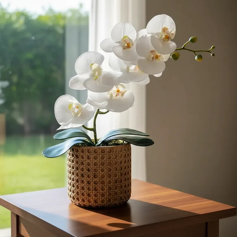 Arranjo Orquídea Branca Artificial 40cm Vaso Cimento Decorativo Moderno Sala Escritório