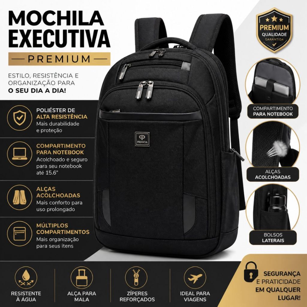 Imagem Mochila Executiva Masculina Premium Notebook 15.6 Poliéster Resistente Alças Acolchoadas Trabalho