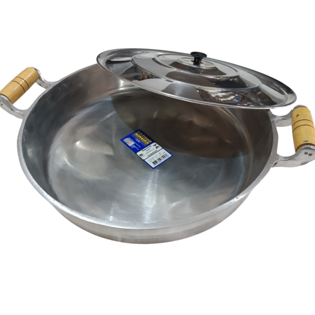 Disco tacho frigideirão aluminio batido polida 40cm 8 litros cabo madeira