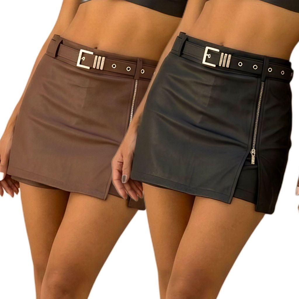 Short Saia De Couro Sintetico Feminino com Cinto e Abertura na Frente