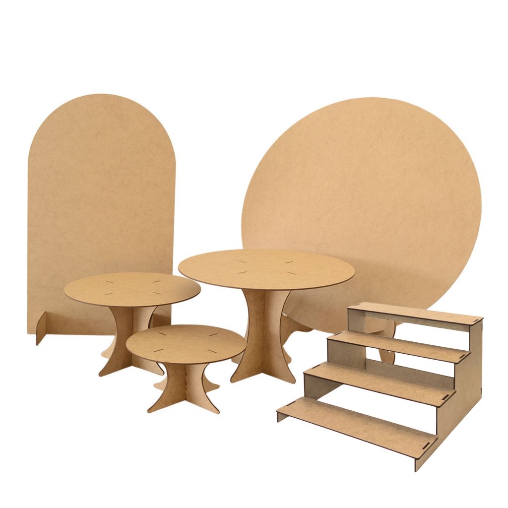 Kit Decoração de Festa MDF Trio Boleiras Painel Redondo Painel Romano Escada Mesa Provençal Aniversário Infantil