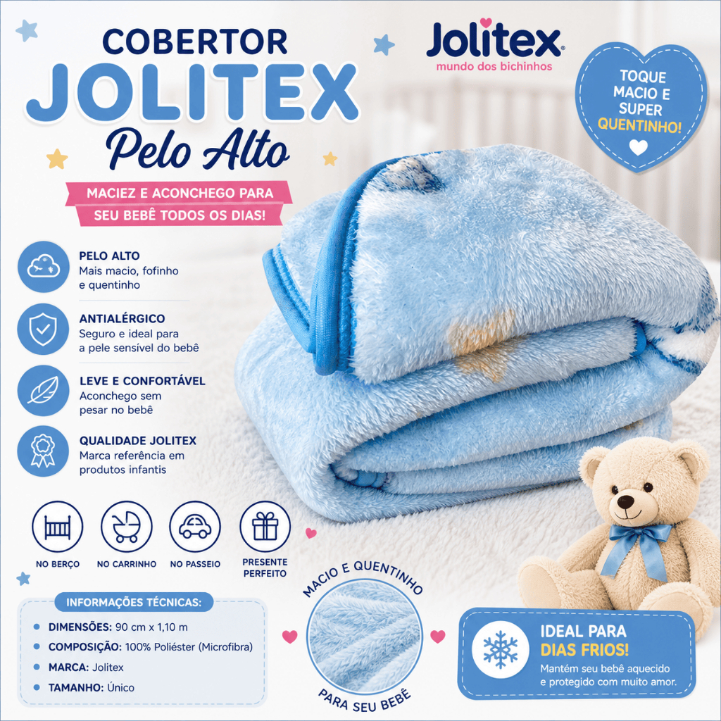 Cobertor Bebê antialérgico pelo alto Jolitex enxoval quentinho neném