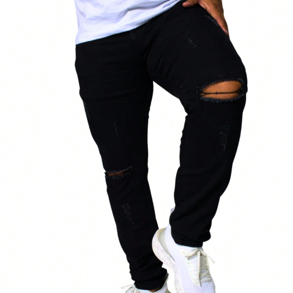 Calça Jeans Masculina Preta Rasgada Destroyed Com Puído Elastano Lycra Premium - Envio Imediato