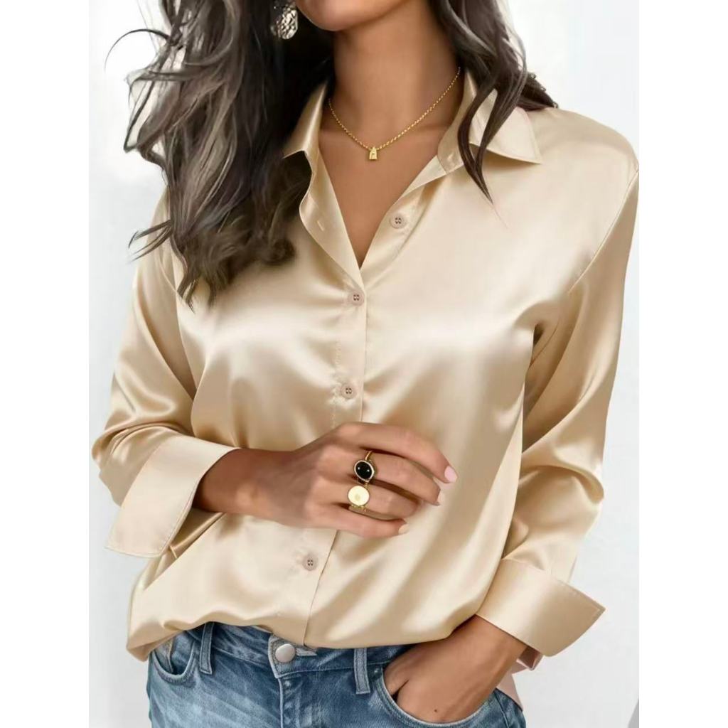 2026 Lançamente Outono Camisa Feminina Cetim com Mangas Longa Botão Acima Camisa Roupas Femininas