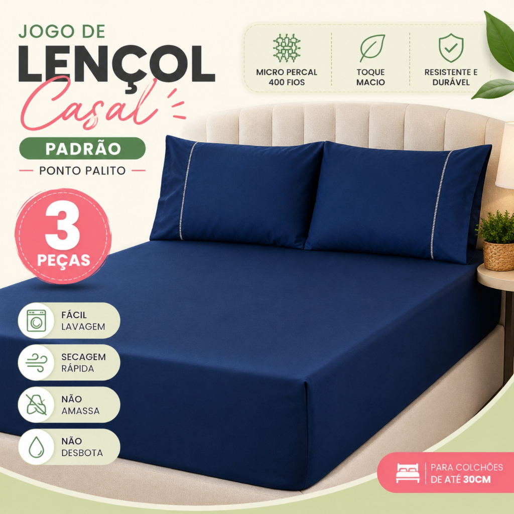 Jogo de Lençol Casal Padrão 3 Peças Micropercal 400 Fios Ponto Palito com Elástico e 2 Fronhas