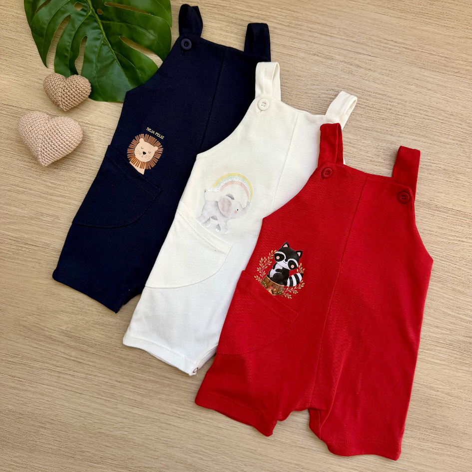 Kit 3 Macacão Jardineira Infantil Bebê Menino Menina 100% Algodão Confortável Estampado DTF