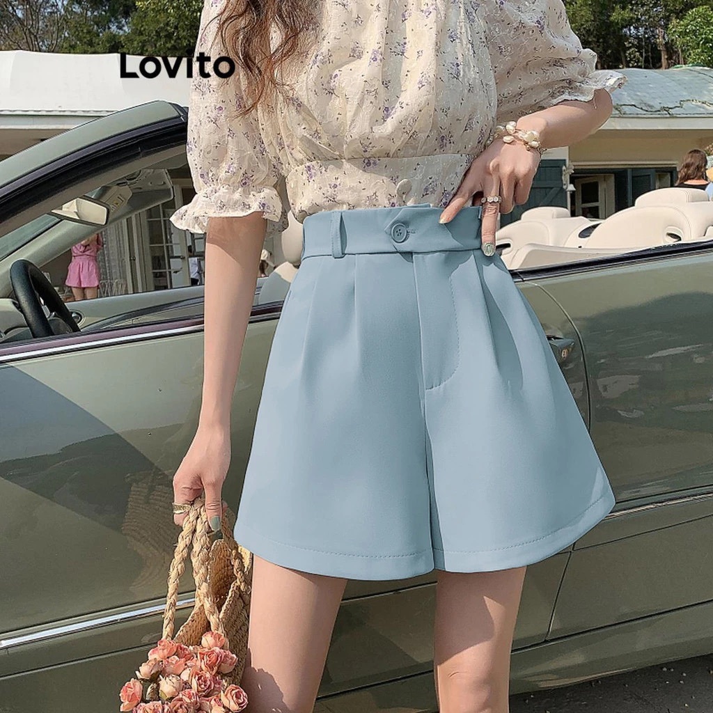 Lovito Shorts Evasê Alfaiatado com Pregas Moda Feminina BR-TNS48EX421