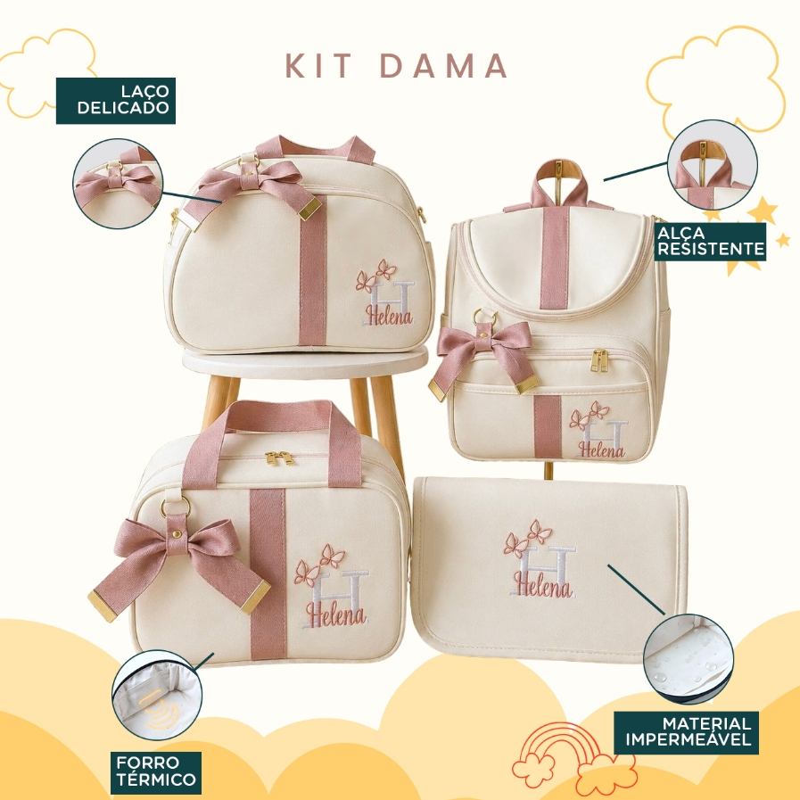 Kit Maternidade 4 Peças Bolsa Mochila Trocador e Frasqueira, Personalizado, Coleção Borboleta 3D
