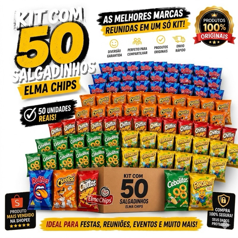 Kit Atacado 50 Salgadinhos elma chips Cheetos Doritos ruffles fandango cebolitos 21 gramas cada