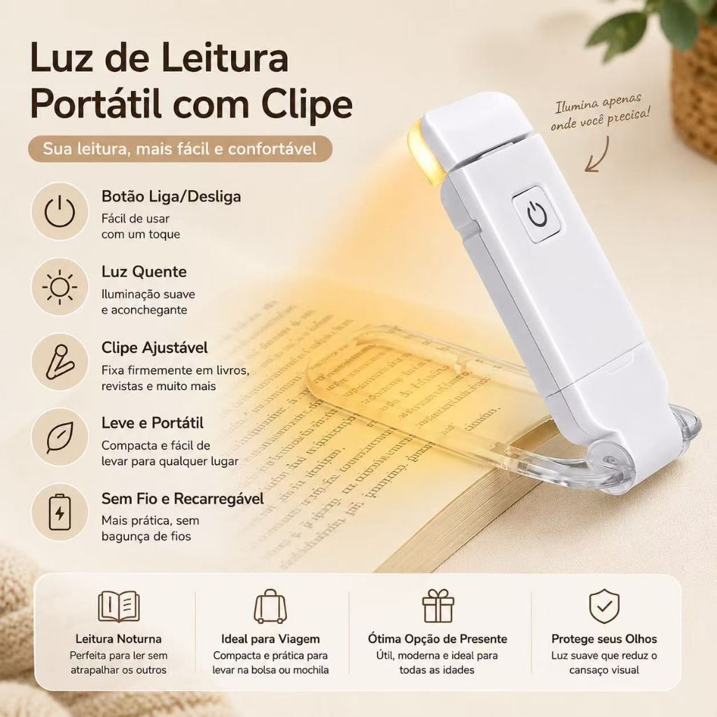 📖💡 Luminária de Livro LED USB Recarregável  Luz Ajustável  Clipe Portátil para Leitura Noturna 🌙