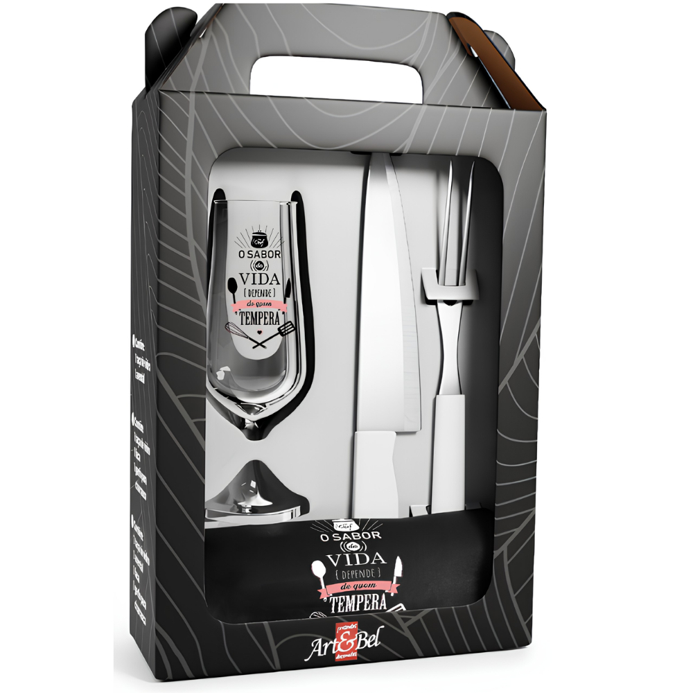 Kit Churrasqueiro 4pç Taça, Faca Garfo e avental de Cozinha Churrasqueiro SABOR DA VIDA Amigo