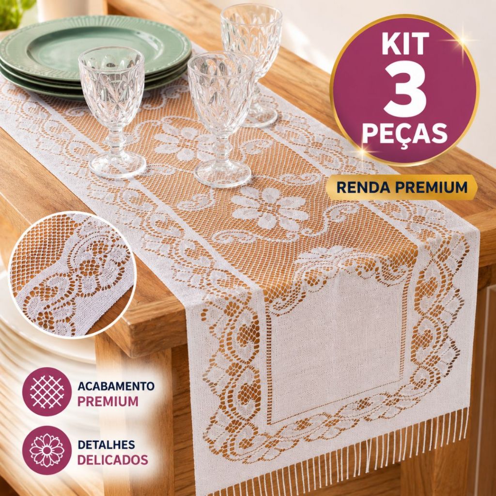 Kit 3 Caminho de Mesa Renda Liso