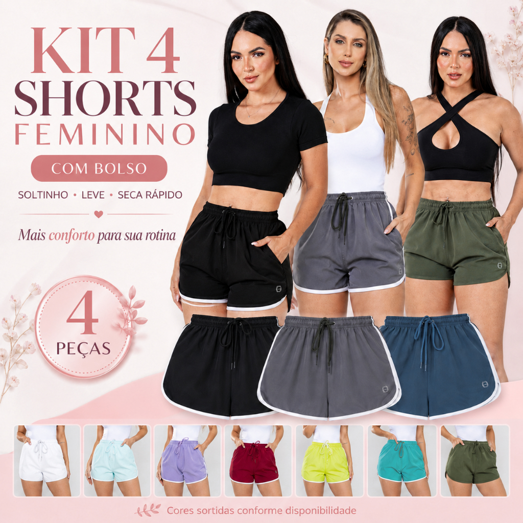 Kit Com 04 Shorts Feminino Em Tactel Com 2 Bolsos e Cordão - Elastano - Praia, Academia, Corrida