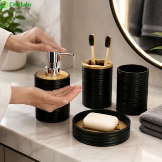 Conjunto de 4 acessórios de banheiro em bambu natural e resina premium (cinza/branco/verde/preto)