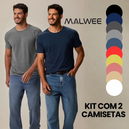 Camiseta Masculina Malwee Kit 2 100% Algodão Básica Lisa Uniforme Presente Dia dos Namorados