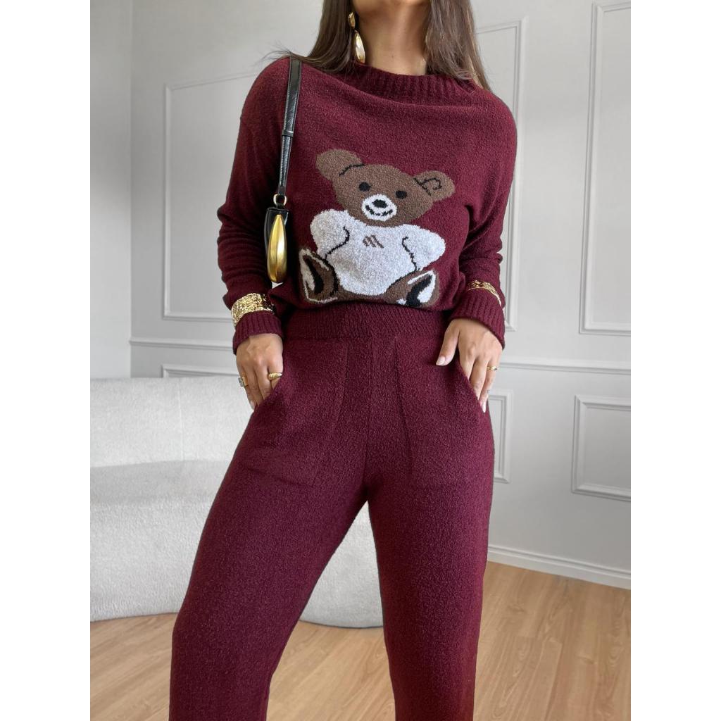 Conjunto 2  peças Blusa de Urso e Calça de mousse inverno tricot feminino