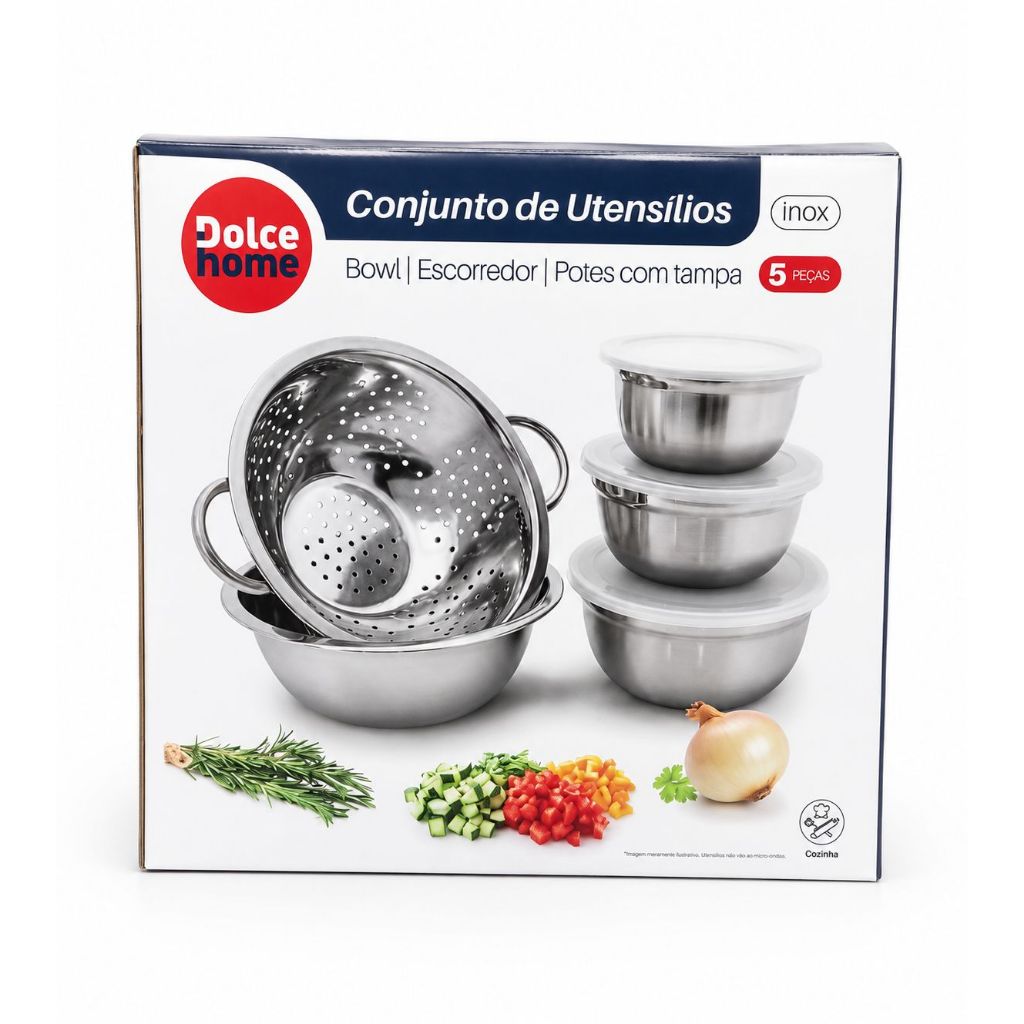 Kit Bowls Inox + Escorredor Inox / Tigelas Inox com tampa / Kit 5 peças - Tigelas Inox com tampa e escorredor inox