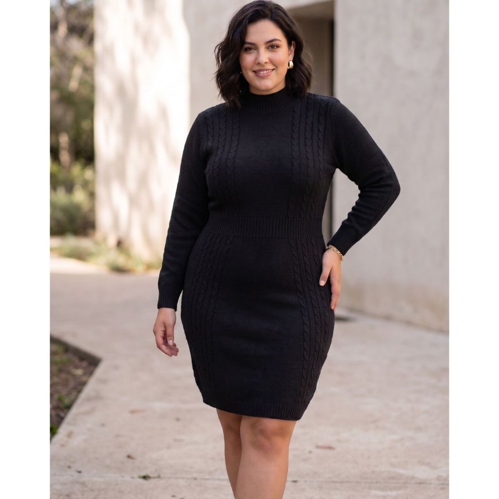 Vestido Tricot Feminino Canelado Manga Comprida Gola Alta Detalhe Trançado Casual Inverno Tricô