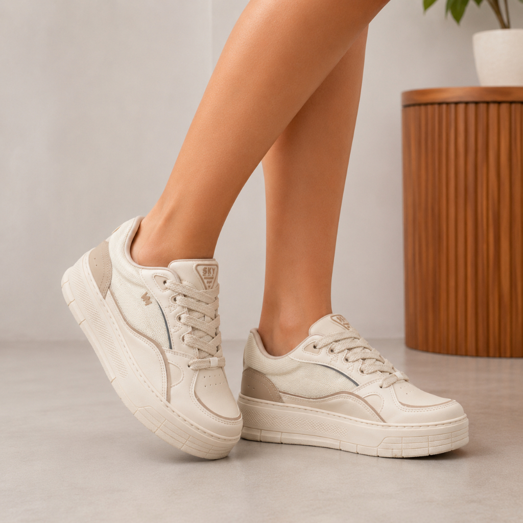 Tênis Feminino Via Marte Casual Plataforma Chunky Confortável 367-001 Off White Bege Casual Urbano Moderno