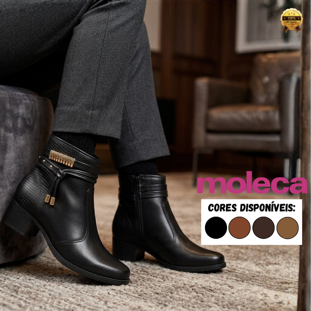 Bota Moleca Feminina Cano Curto Salto Baixo Bloco Grosso Zíper Detalhe Metalizado Original