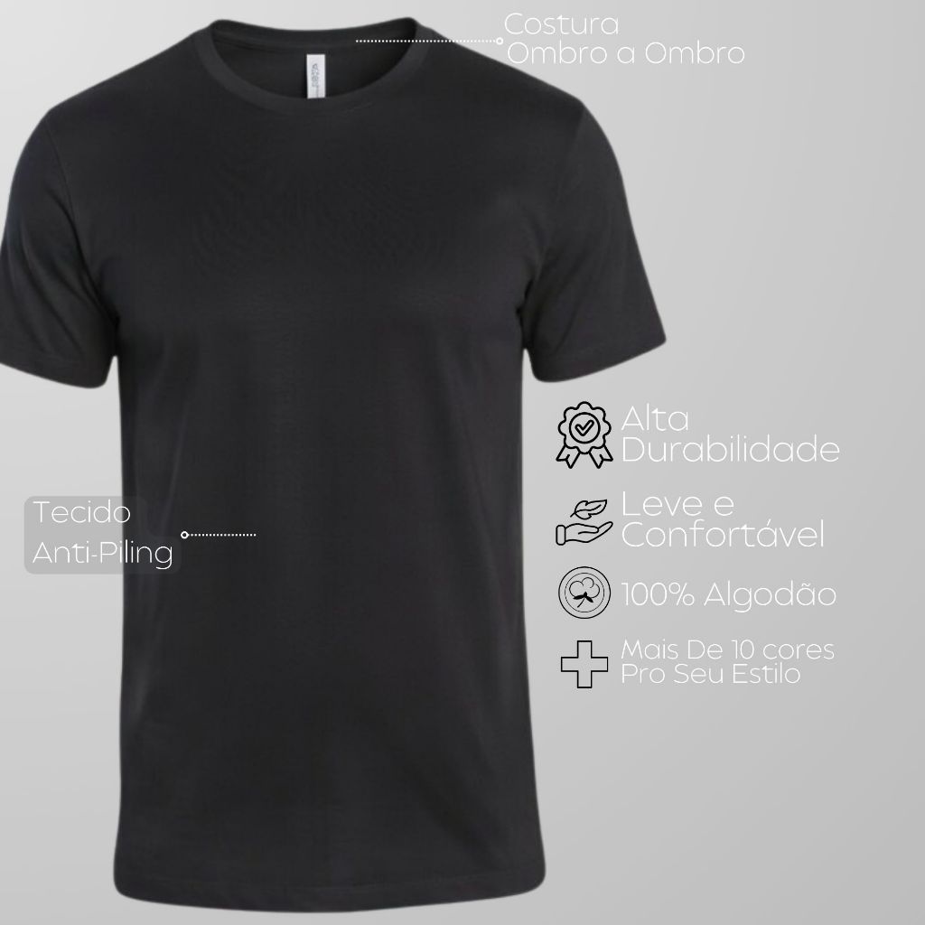 Camiseta Masculina Lisa 100% Algodão Leve Casual Moderna Dia a Dia Básica Reforço Ombro a Ombro