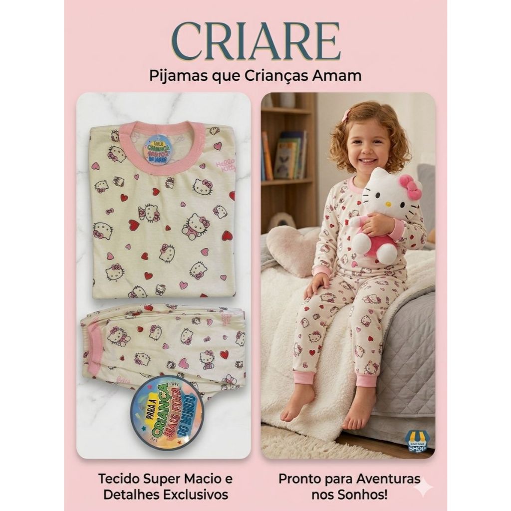 Pijama Infantil Feminino Hello Kitty  Manga Longa Inverno,malha 100% algodão.