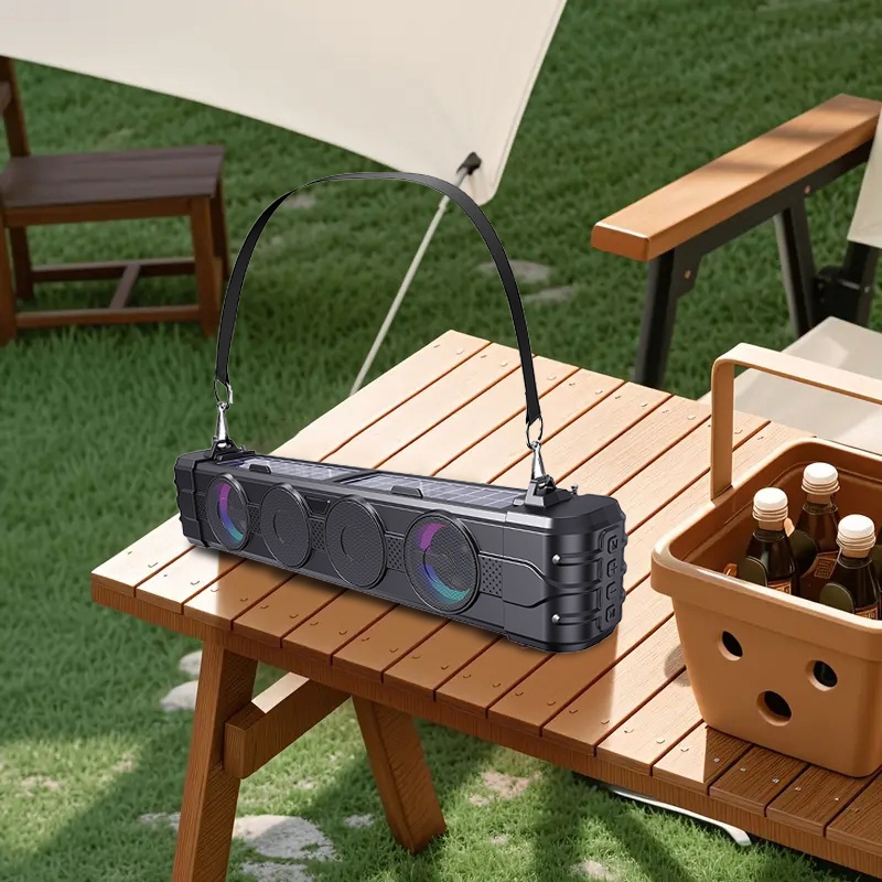 Caixa de Som Bluetooth Solar para Uso Externo, Soundbar Estéreo com Graves Potentes, Luz RGB e Rádio FM Subwoofer Portát
