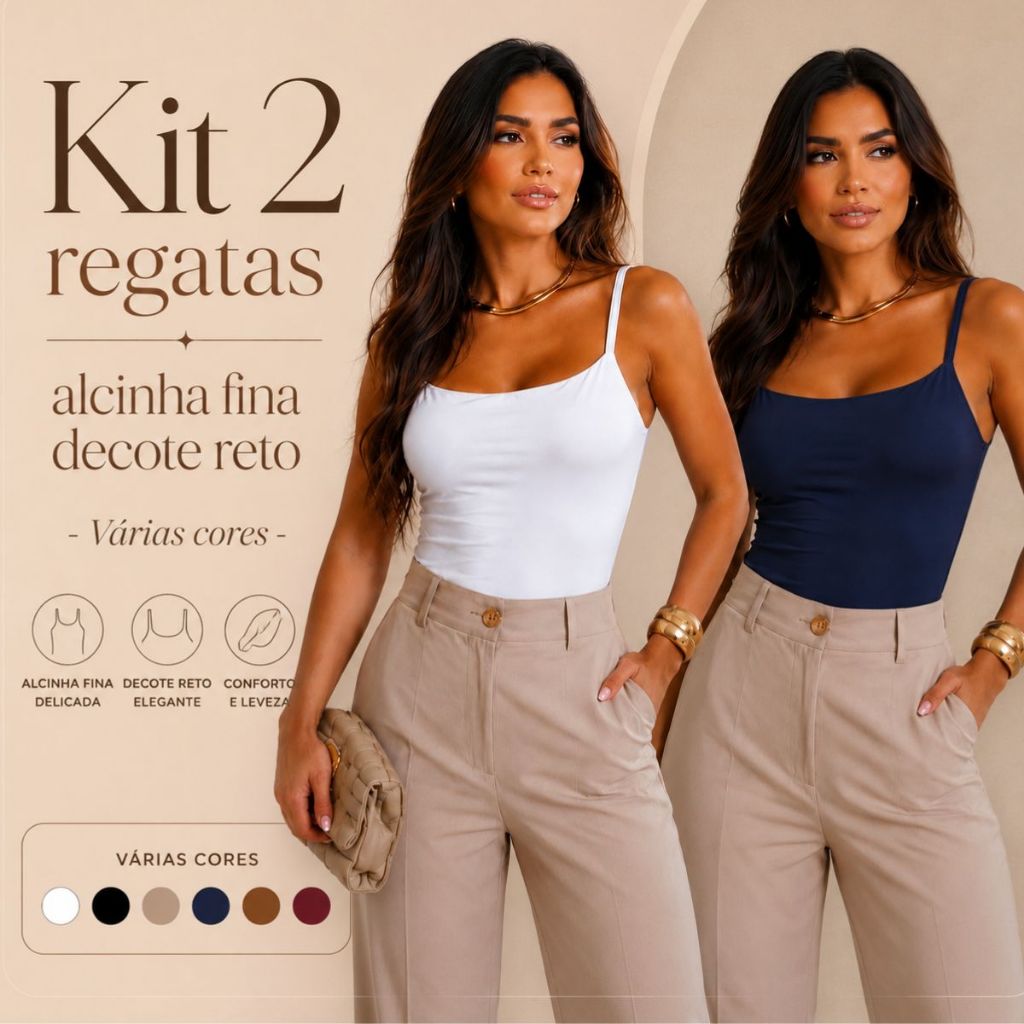 Kit 2 Regatas Básicas Alcinha Fina Delicada Decote reto Alta Elasticidade Premium