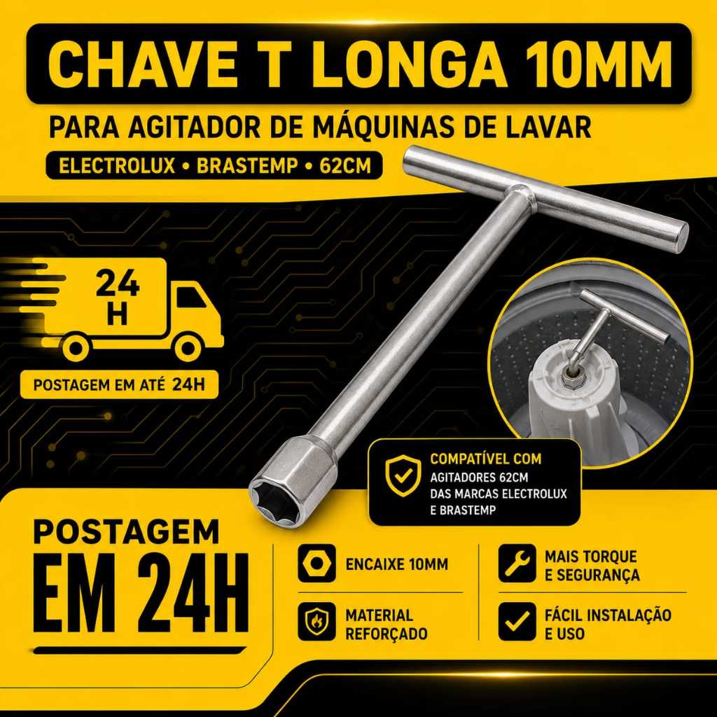 Chave T Longa 10mm Para Agitador de Maquinas de Lavar Electrolux Brastemp 62cm