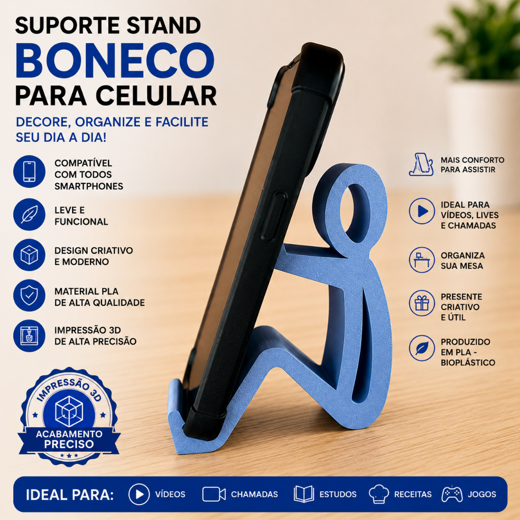 Suporte Stand Celular Boneco Universal Mesa Smartphone Impressão 3D