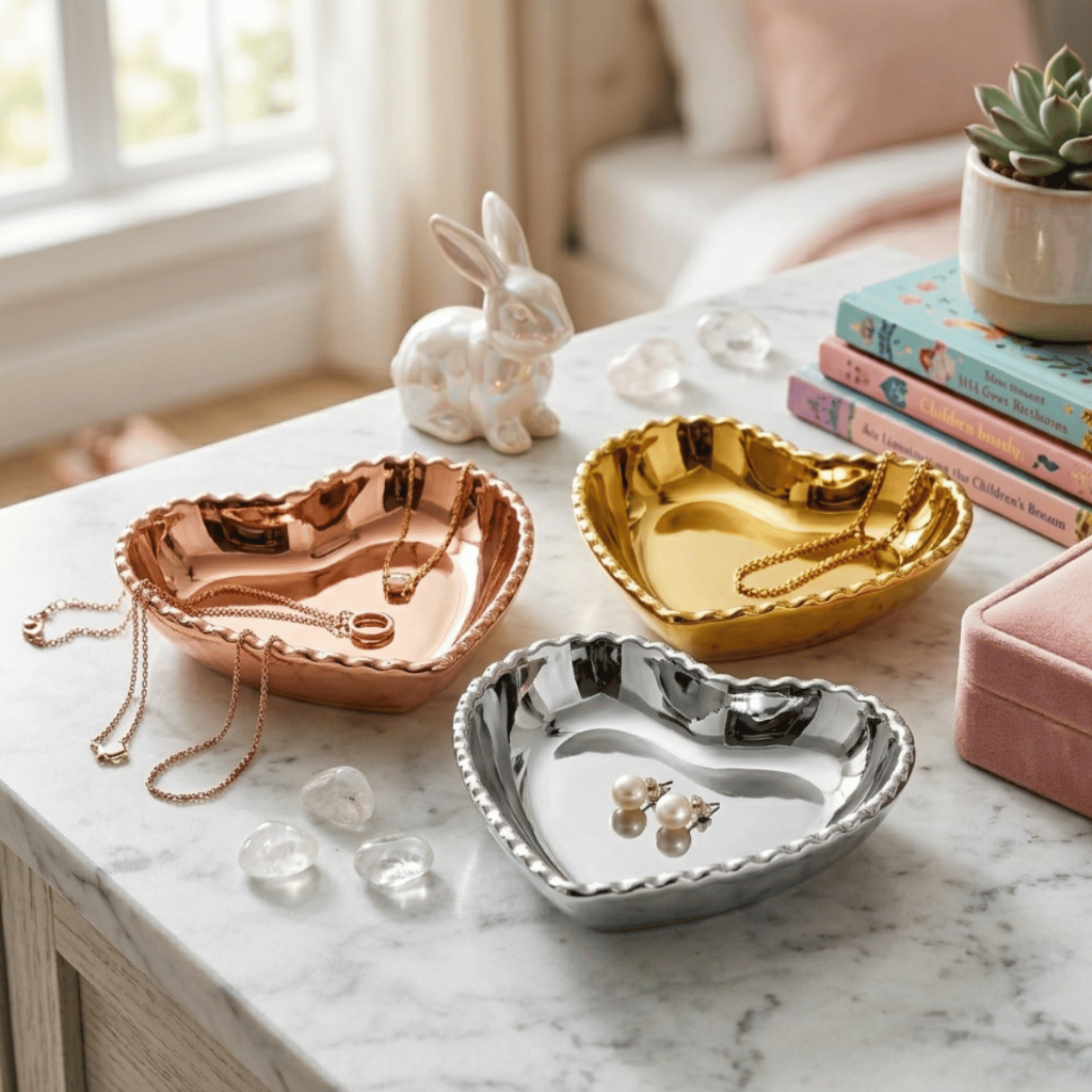 Porta Jóia Coração de Porcelana 15cm Dourado, Prata e Rose - Interponte / Decoração Enfeite / Quarto
