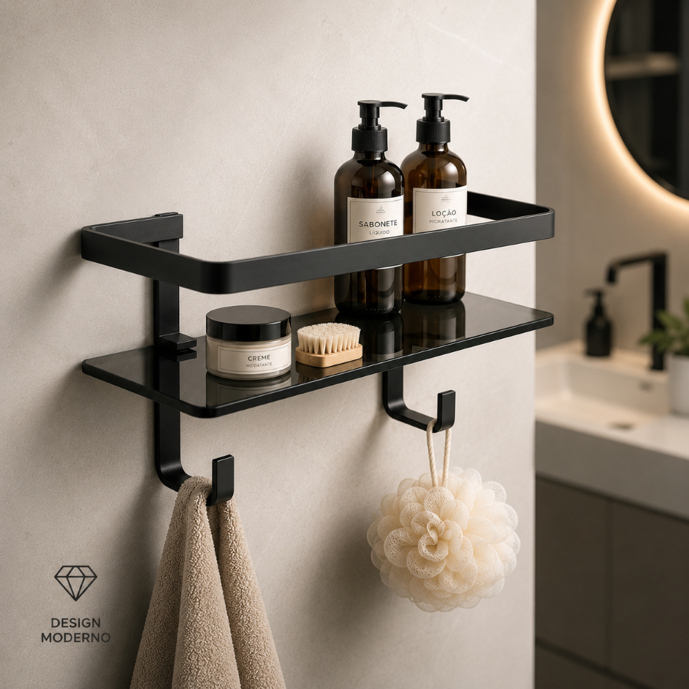 Porta Shampoo Parede Banheiro com Ganchos Porta Toalha Acessórios Premium 2 em 1 Preto Fosco 30cm