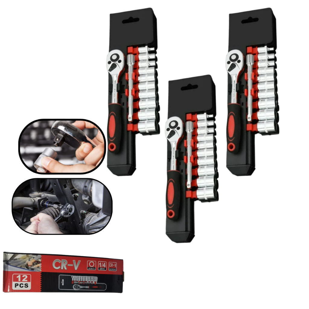 Kit 3 Jogo De Soquetes 1/4 Cr-V 12 Peças Chave Catraca Com Extensor Profissional  DESCRIÇÃO SHOPEE