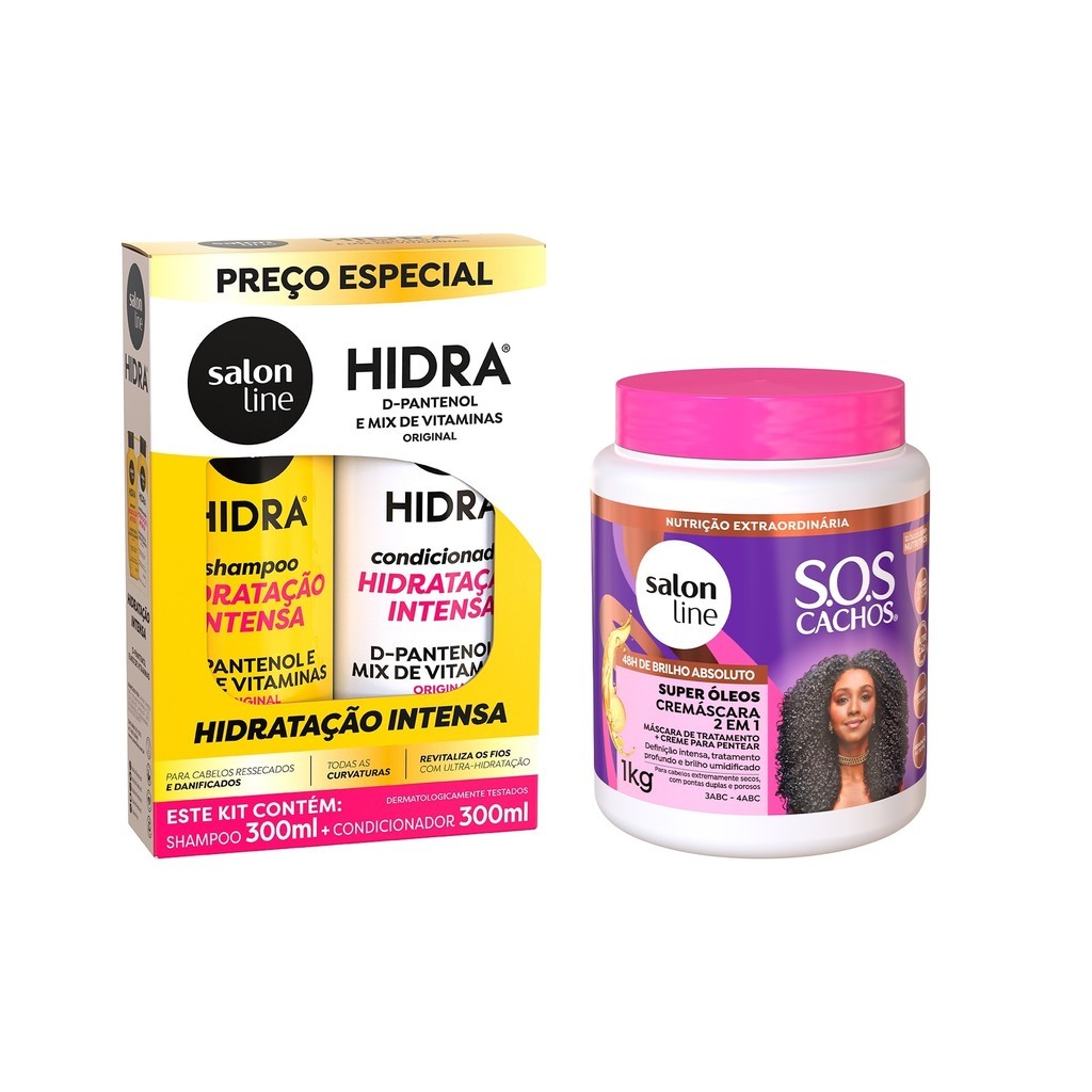 Hidratação para Cabelos Ressecados Shampoo + Condicionador + Cremáscara - Salon Line