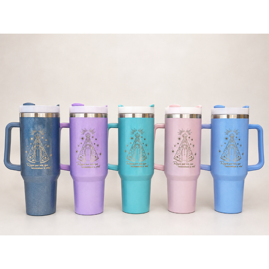 Copo Térmico com Canudo 1200ml  Personalizado Nossa Senhora Garrafa Térmica Grande com Tampa, Para Água Suco
