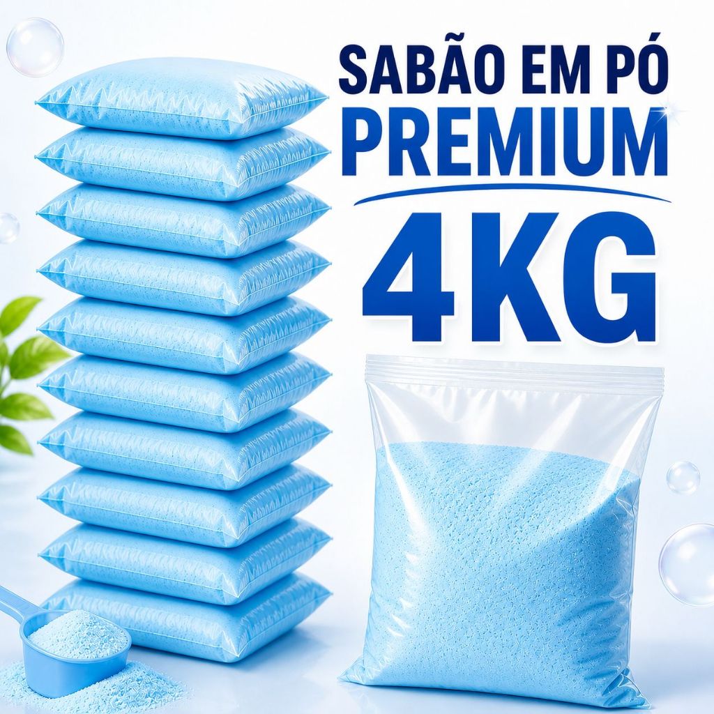 Sabão em Pó Premium 4Kg Concentrado Lava Roupas Limpeza Profunda Remove Manchas Perfume Duradouro