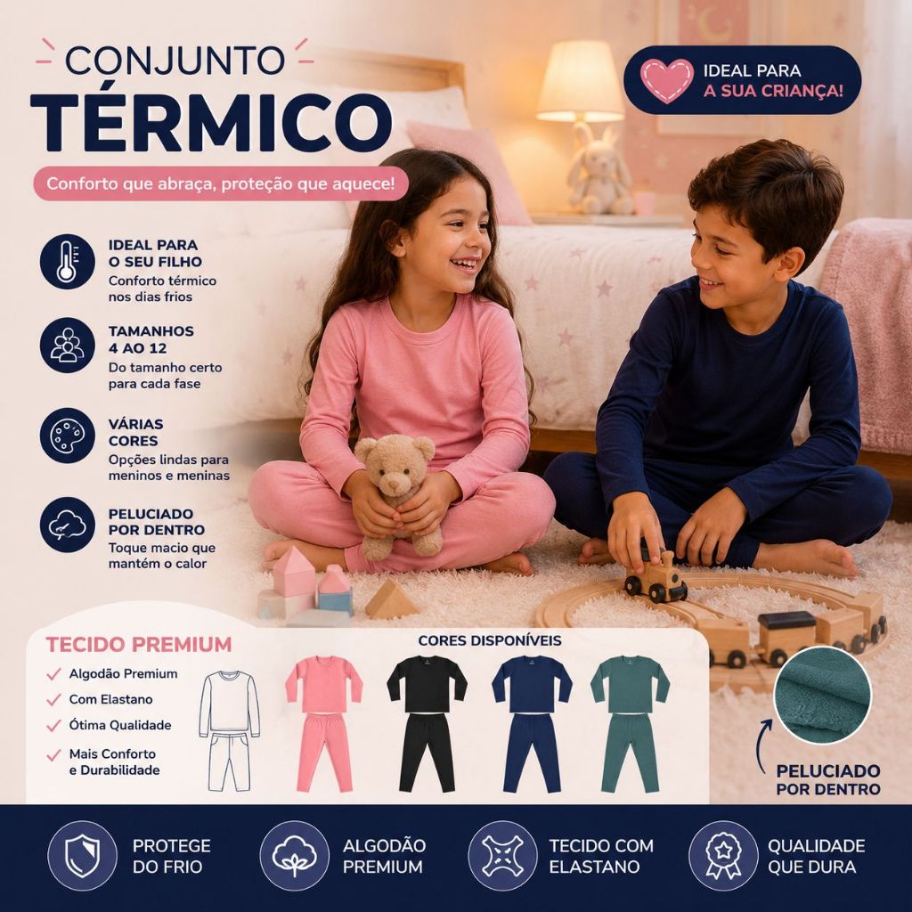 Conjunto Infantil Termico Peluciado Com Elastano Ideal no Inverno Como Pjama e Segunda pele