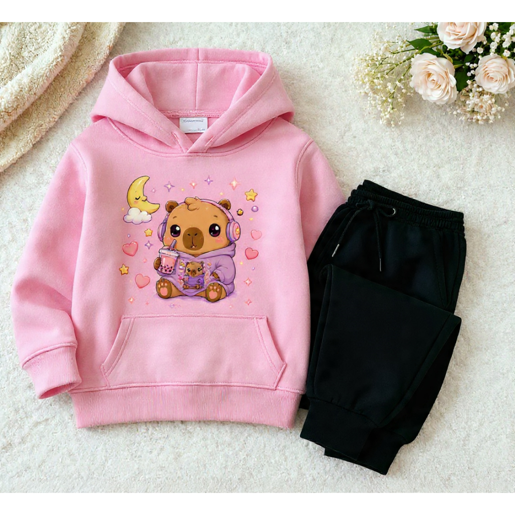 CONJUNTO Moletom Infantil Capivara Fone Flanelado com Capuz Agasalho Estampado Blusa de Frio unissex Confortável Premium