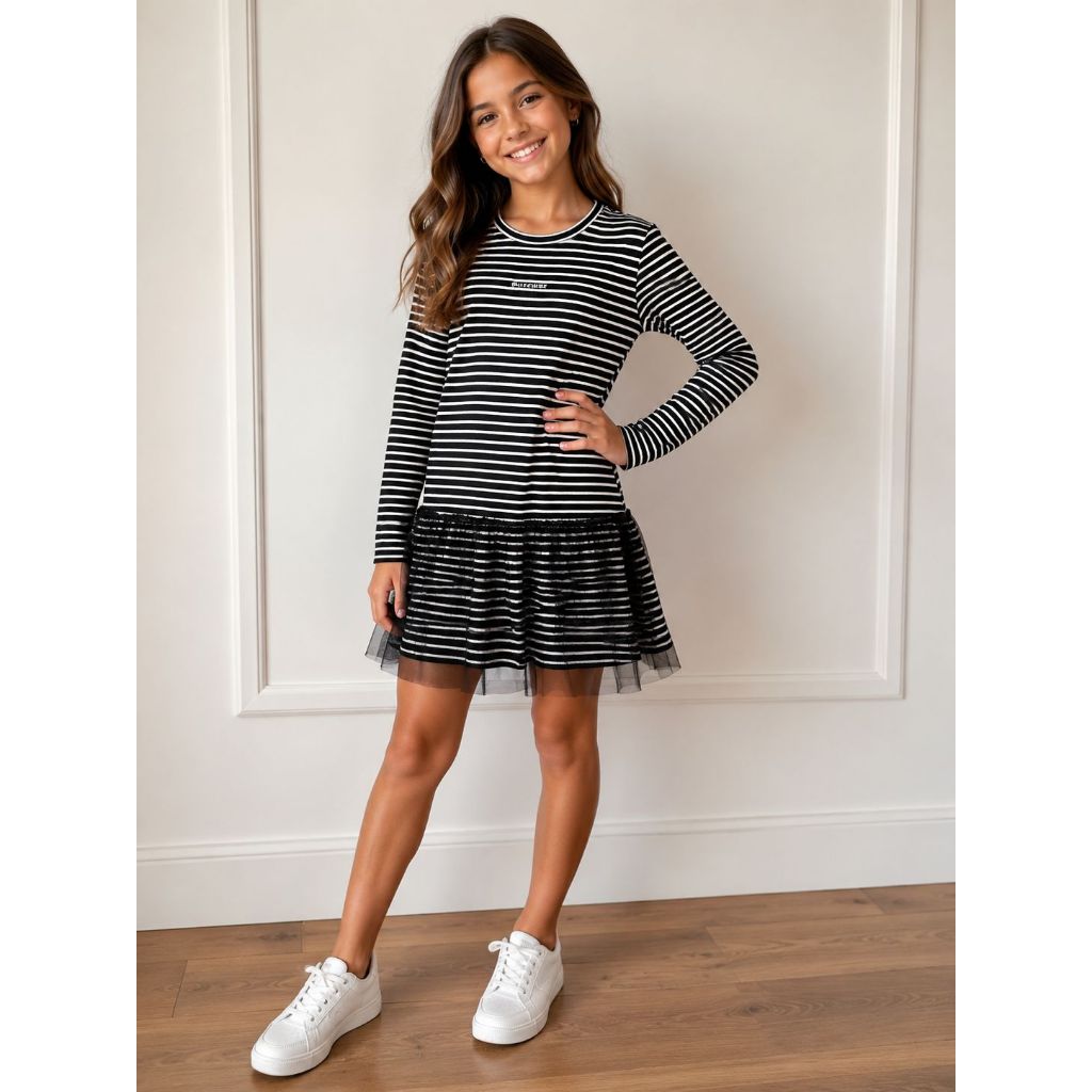 Vestido Canelado Preto E Branco Tule Petit Cherie
