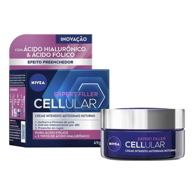 NIVEA Creme Facial Antissinais Cellular Filler Noite 49g, Hidratação Intensa 48h, Pele Firme, Preenche,Ácido Hialurônico