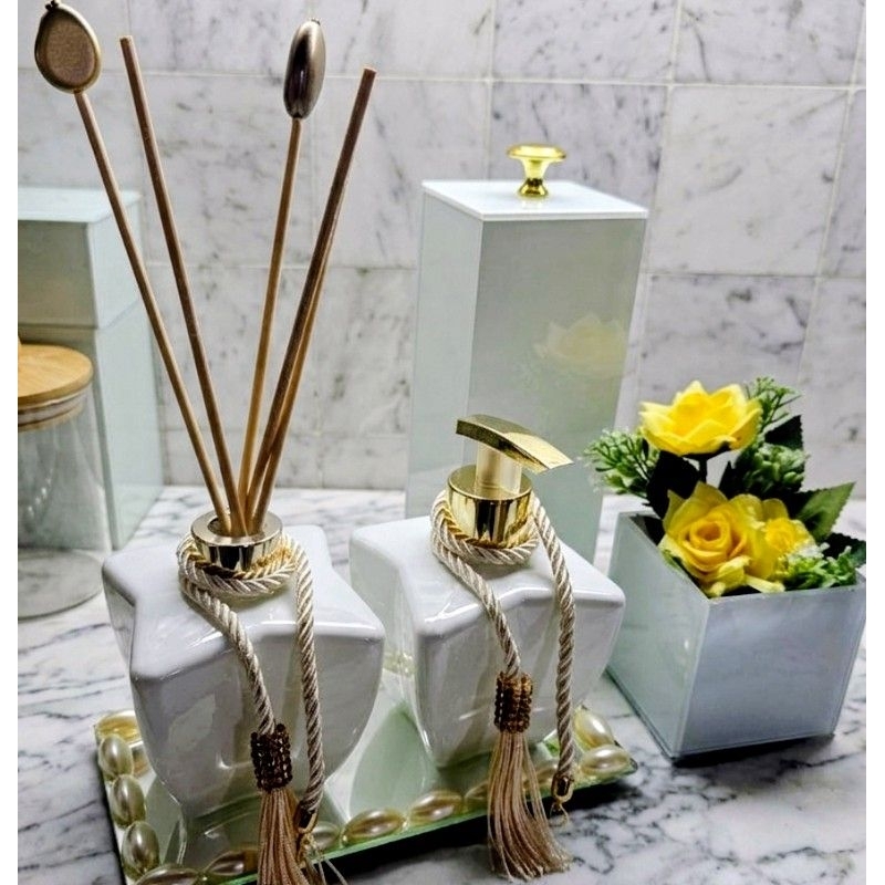 ​Kit Lavabo Banheiro Luxo Vidro Premium Difusor de Ambiente e Porta Sabonete Líquido Luxo Decorativo Lavabo 5 Peças