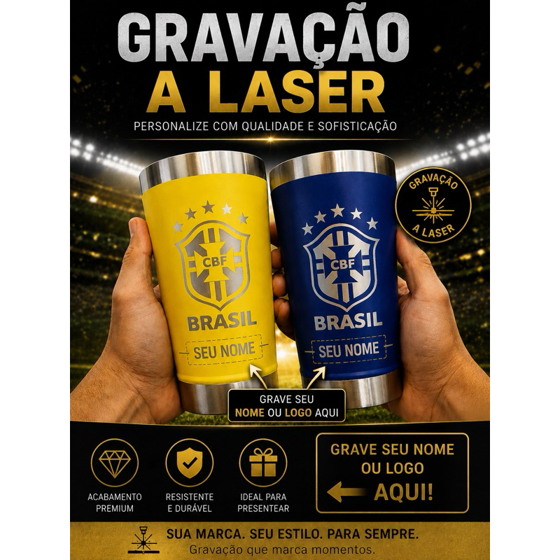 Copo térmico Brasil Premium Personalizado com gravação a Laser — Grave seu nome