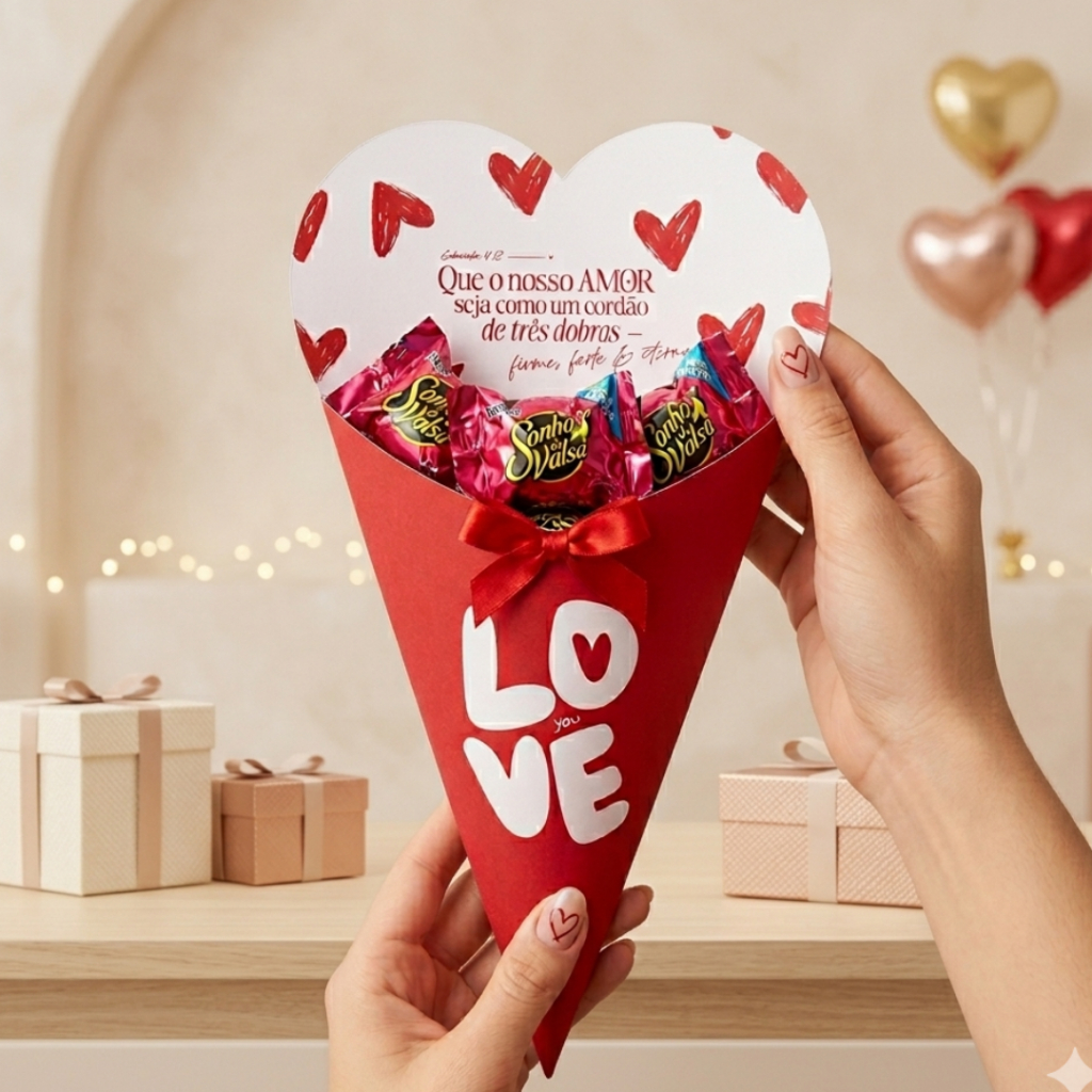 Presente Dia dos Namorados Embalagem Caixa Buquê Cone de bombons acompanha tag Papelaria Personalizada Mimo Namorados