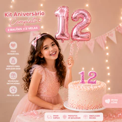 🎉 Kit Festa 2 Balões Número 16 Pol Rose + 2 Velas Rose Com Glitter Decoração Aniversário Festa 🎈